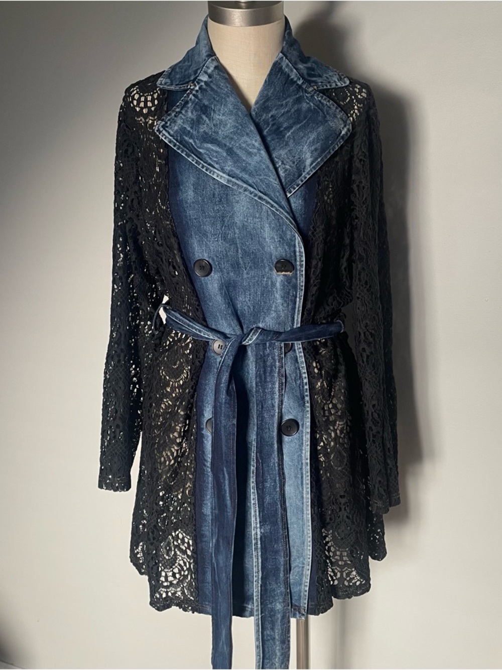 Adore denim and black lace double breasted coat with tie belt size L